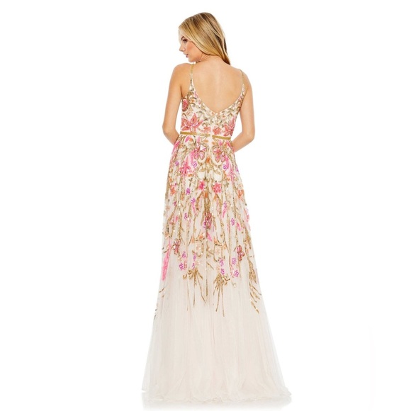 MAC DUGGAL NWT V Neck Floral Embellished Spaghetti Strap Gown in Oyster Multi 10 - Picture 3 of 13